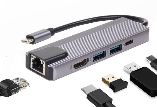 LINKON - Hub USB C Adaptador USB a Tipo C HDMI 4K, Ethernet Red RJ45 100Mbps, 2 Puertos USB 3.0, Carga Rápida 87W PD, Docking Station, Adaptador de Red (RJ45 5 en 1 1000 MBps)