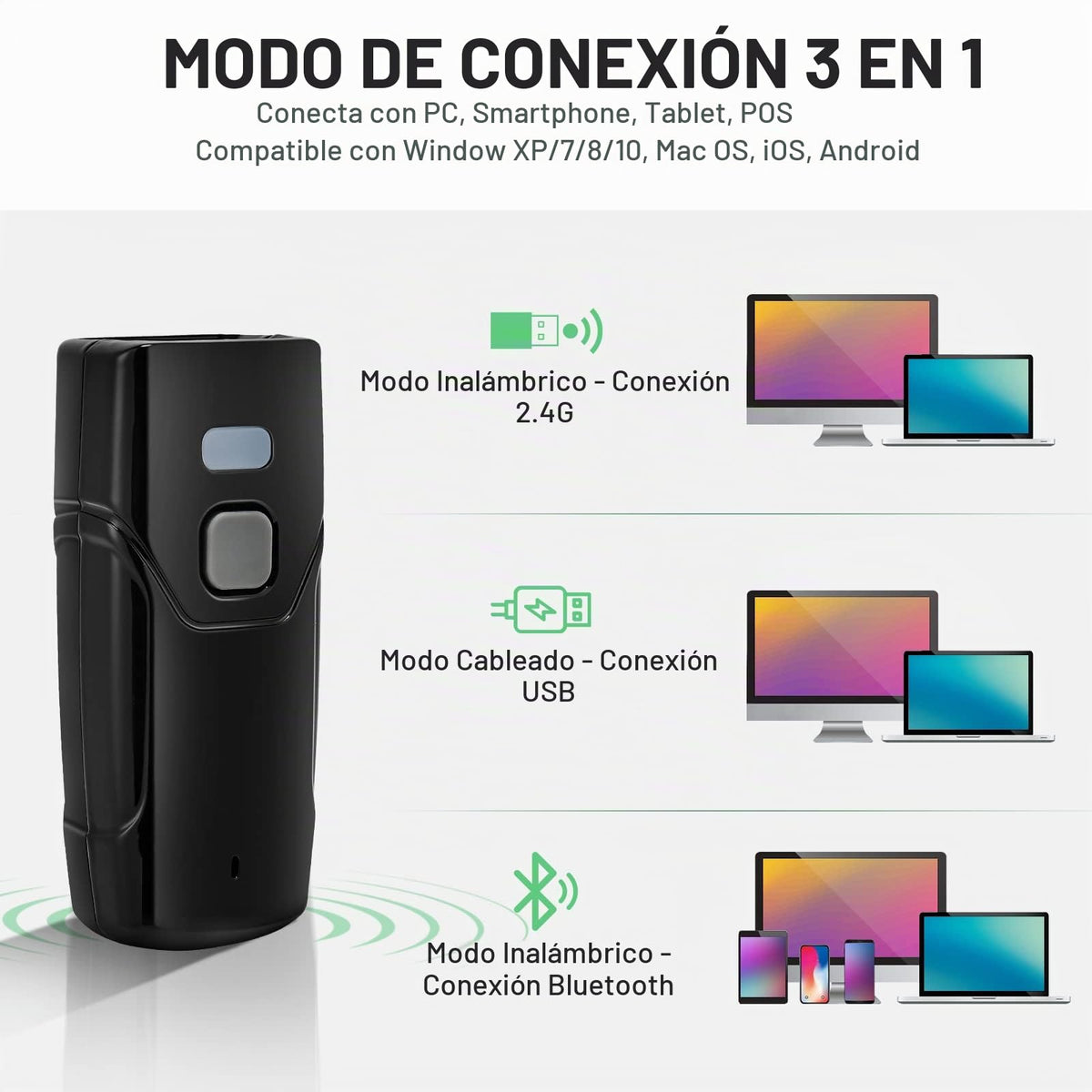 Escáner de Código de Barras JRHC Inalámbrico Bluetooth 1D 2D 3 en 1 Portátil Automático Rápido