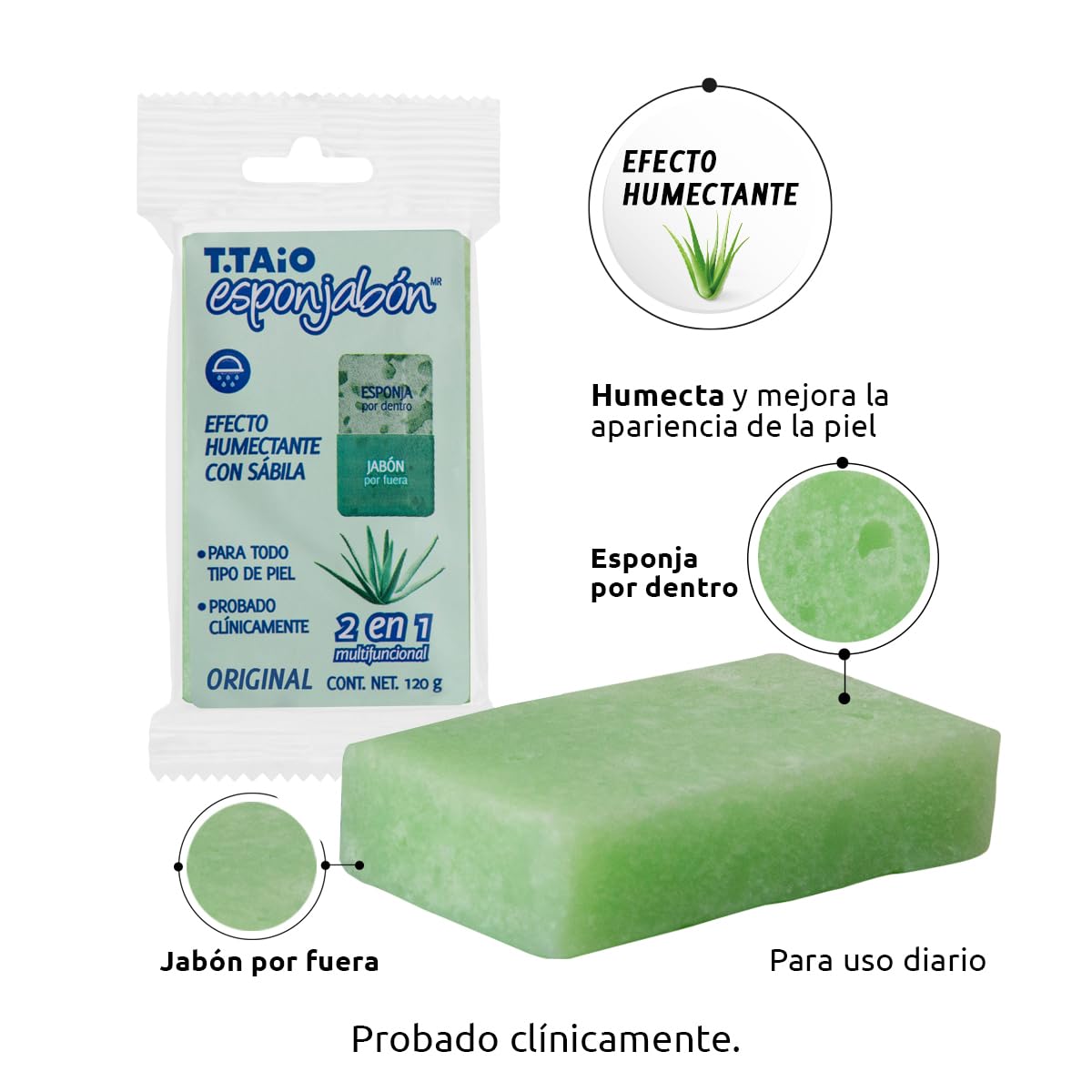 Jabón Corporal con Esponja Integrada 2 en 1, Exfoliación Suave, Aroma Sábila, Pack 10 Piezas, ESPONJABON T.TAIO