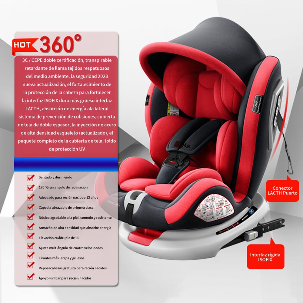FINYQBET Autoasientos para Bebé, Asiento para Bebé Carro 3 en 1,Crecimiento Sostenible, Seguro y con Rotación 360°,Arnés de Cinco Puntos y Protección Biónica rojo