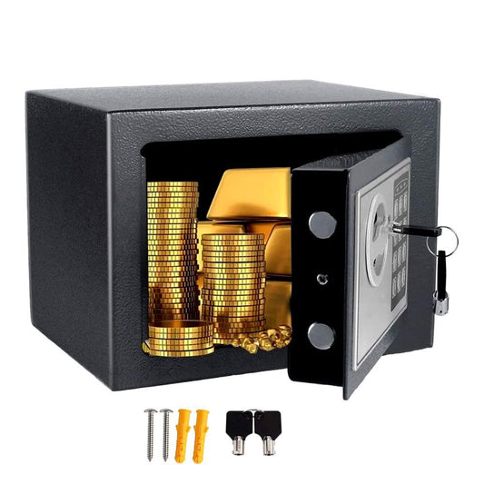 Feiniao Caja Fuerte Pequeña, Cajas Fuertes para Casa Oficina 23x17x17cm, Caja de Seguridad Digital con Teclado Contraseña y Llave, Caja Fuerte de Seguridad Alcancía Electrónica para Adultos de Acero