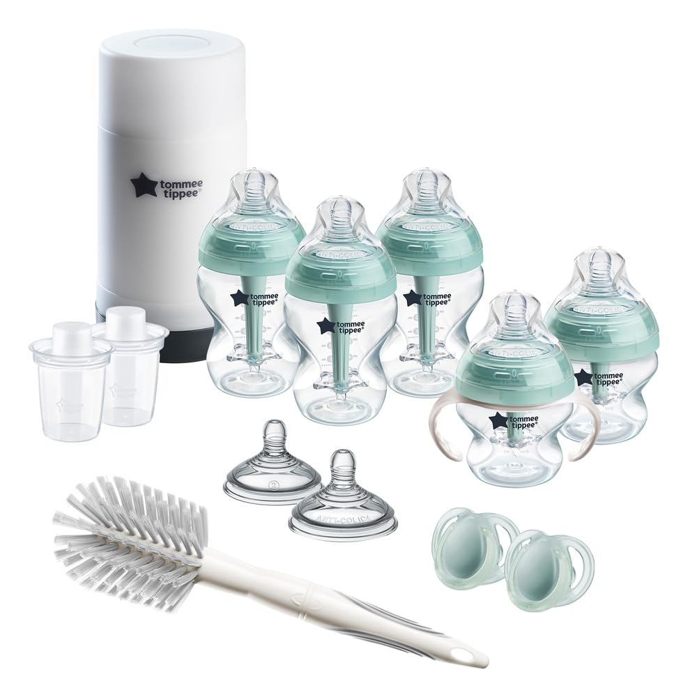 Set de Biberones Anti-Cólicos Tommee Tippee Avanzados Transparente con Chupetes y Calentador de Viaje 0-6 Meses