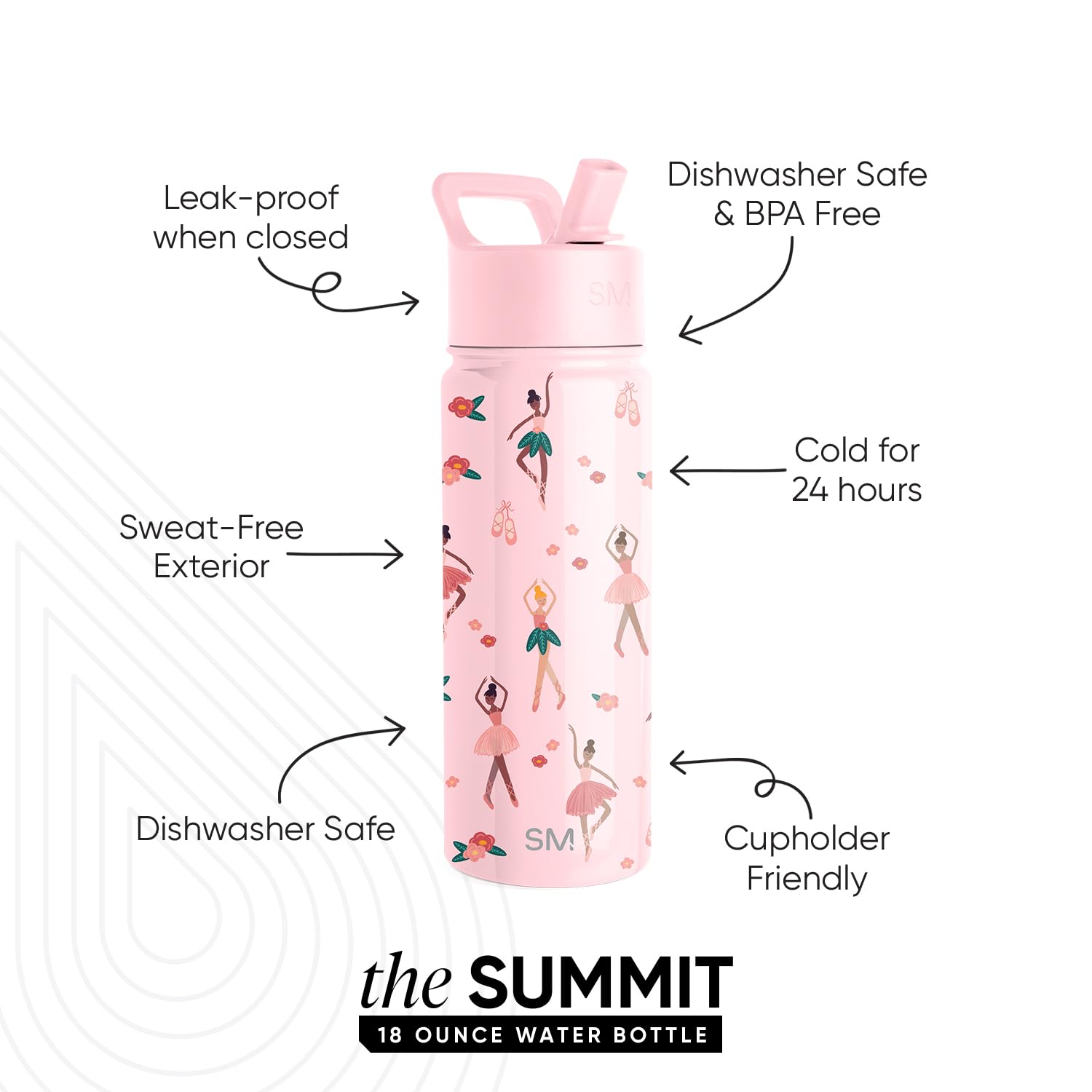 Simple Modern Kids Water Bottle with Straw Lid | Insulated Stainless Steel Reusable Tumbler for Toddlers, Girls | Summit Collection | 18oz, Pink Ballerina
