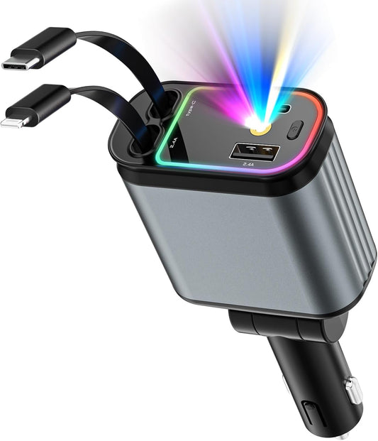 HSZSXJK Cargador de Coche con Starlight, Cargador USB C 4 en 1 de 66 W, Cables retráctiles (80cm) y Adaptador de Cargador de Coche, Compatible con iPhone 15/14/13/12/11 Pro MAX, Galaxy