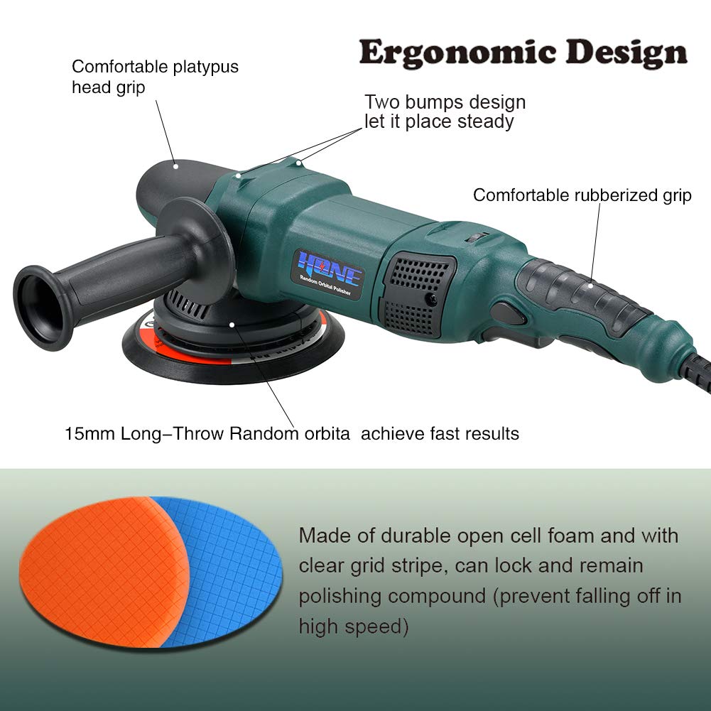 HONE HNPR615B - Pulidora orbital de 15 mm de largo, para detallar automóviles, pulidora de doble acción de 152 y 127 cm, 850 W, con velocidad variable, HNPR615B