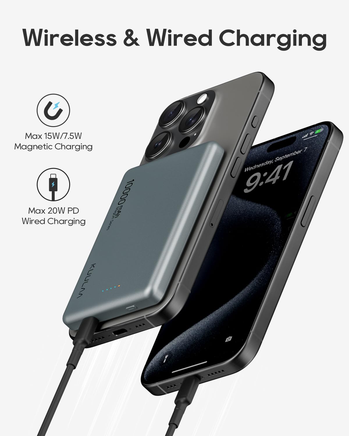 KuuLaa Power Bank 10000mAh Delgado con Pantalla Digital, Batería Portátil Magnética PD20W USB-C, Carga Rápida para iPhone 12-16/Samsung (Gris)