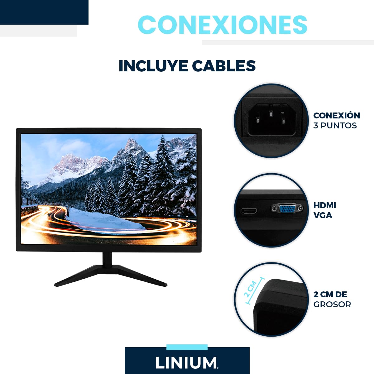 LINIUM - Monitor HD LED 20” | Resolución 1660x900, HDMI/VGA, 60Hz, Estabilización de Negro, Compacto y Funcional para Oficina u Hogar