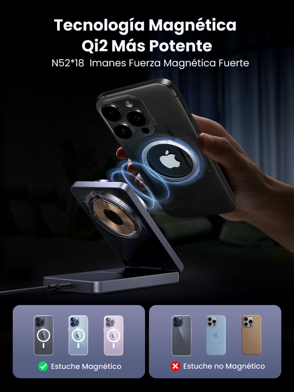 Cargador Inalámbrico UGREEN MagFlow Negro Certificado 15W Qi2 con Soporte Plegable y Carga Rápida para iPhone y AirPods