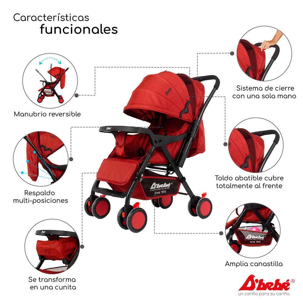D´Bebé Carriola Baby BM Rojo - Manubrio ajustable a dos posiciones: posicion general y reversible - Respaldo con 3 posiciones de reclinado