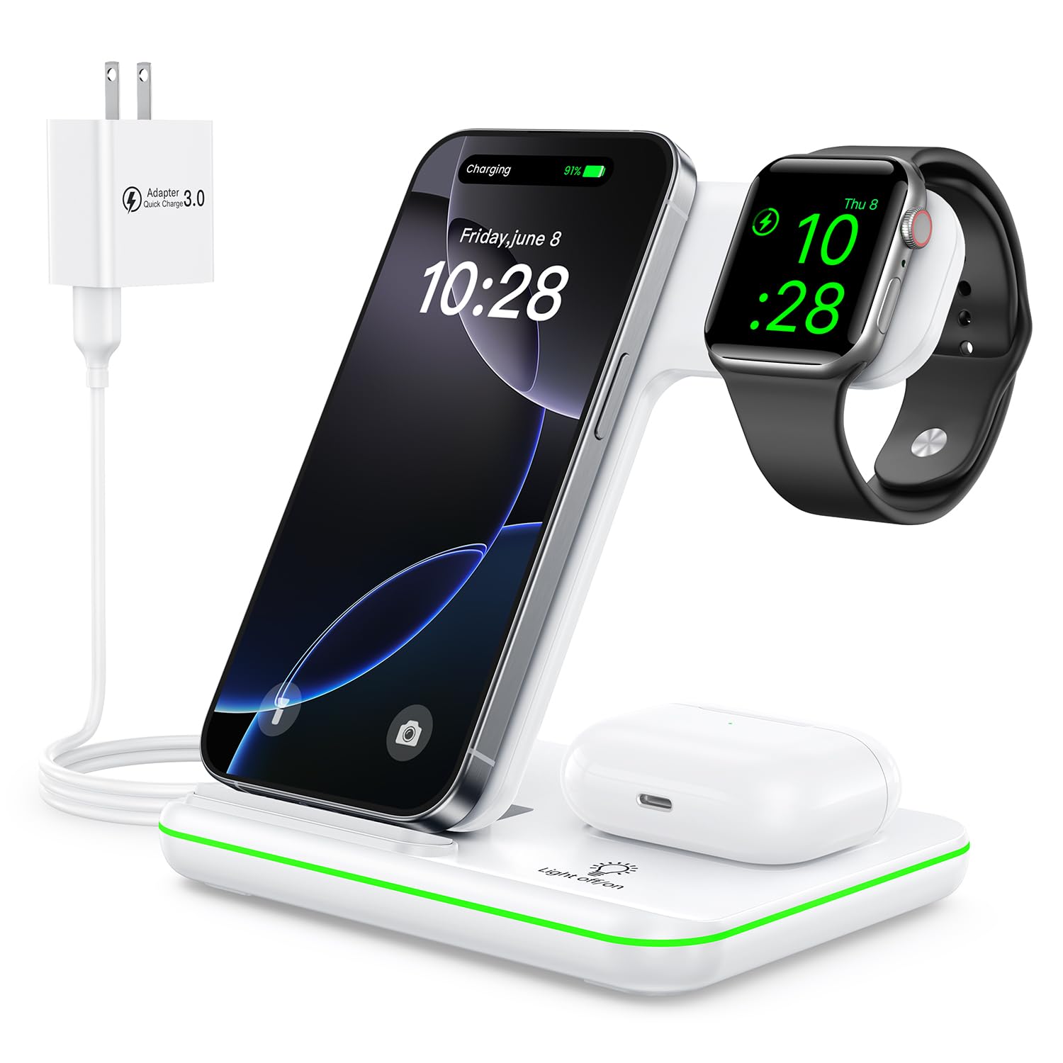 Cargador Inalámbrico WAITIEE Blanco Rápido 3 en 1 para Apple iWatch y AirPods Pro Compatible con iPhone y Samsung