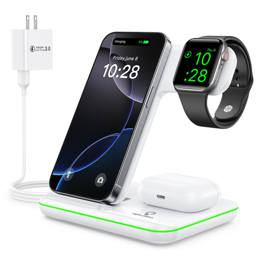 Cargador Inalámbrico WAITIEE Blanco Rápido 3 en 1 para Apple iWatch y AirPods Pro Compatible con iPhone y Samsung
