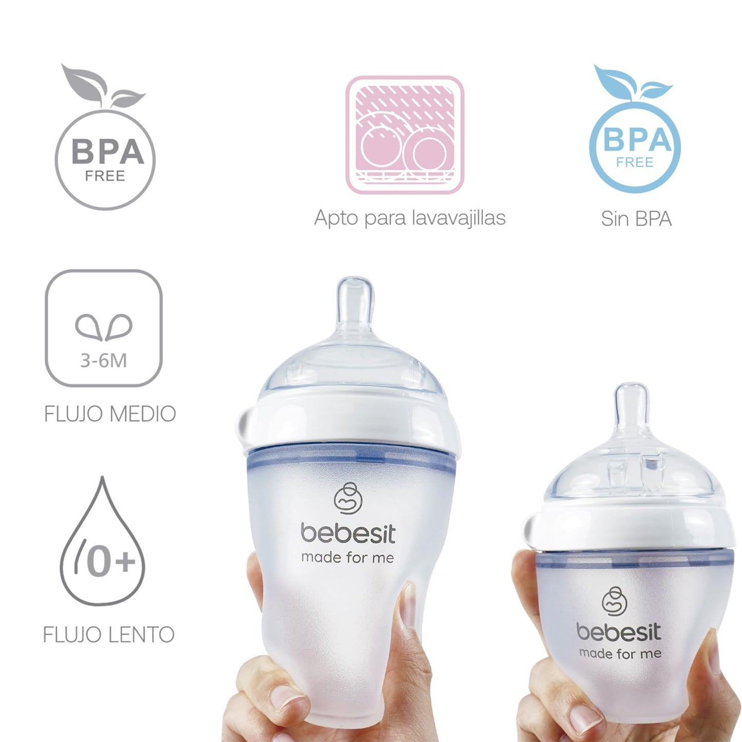 Bebesit My Cup VTK100 | Set 2 Biberones + Tetina + Asa para Bebés | Flujo Adaptable 150/250Ml 5/8Oz | Silicona Anti-Derrame Libre de BPA | Compatible con Microondas y Lavavajillas
