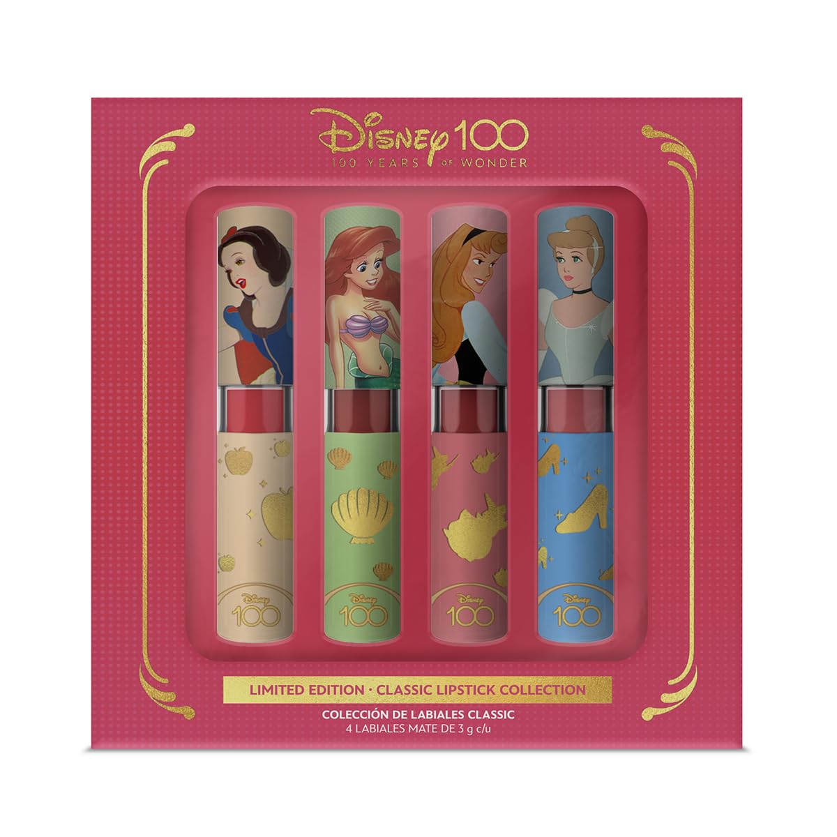 Disney Set 4 Labiales Mate 'Princesas Clásicas': Cobertura Media | Larga Duración y Colores Cálidos para un Look Duradero