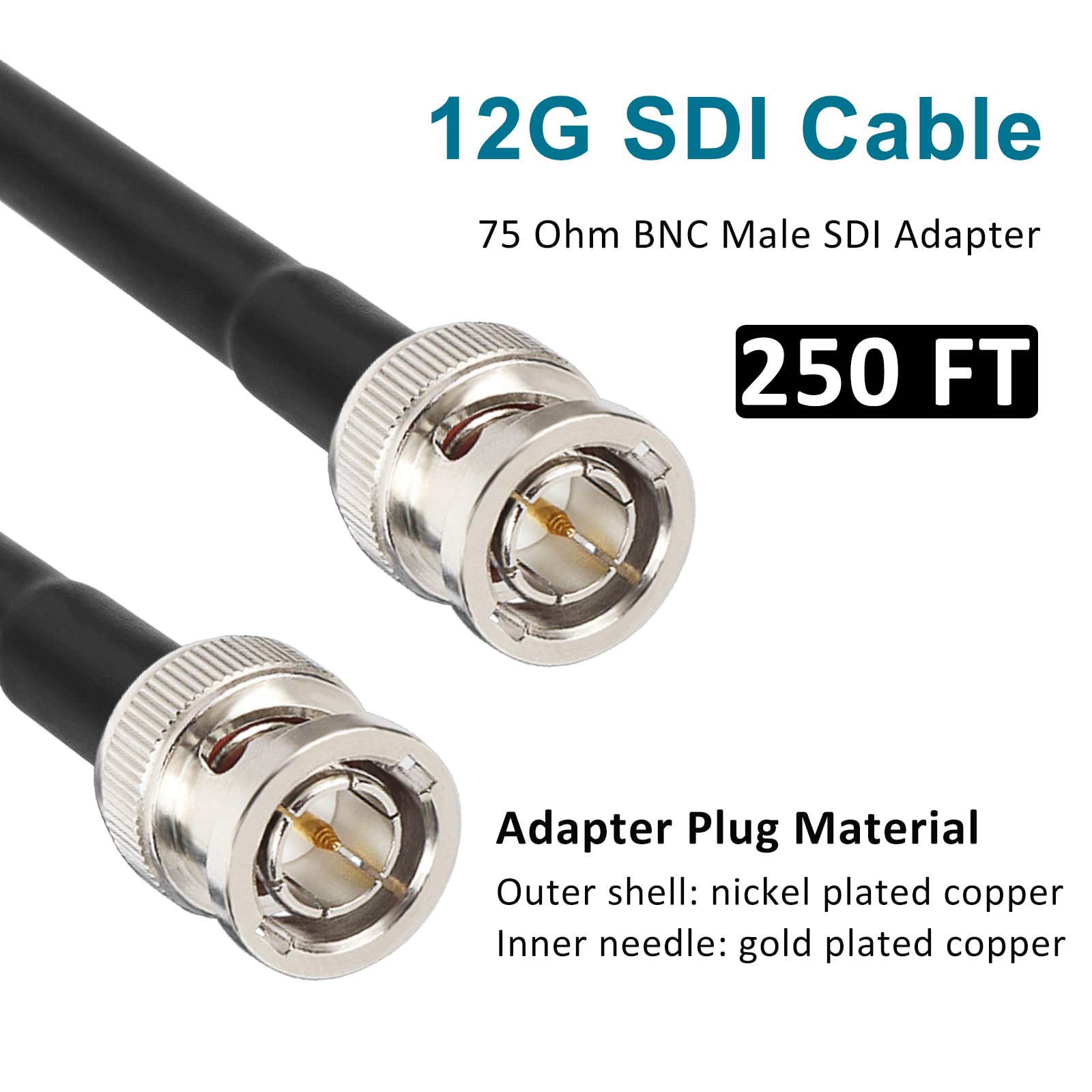 XRDS -RF Cables SDI 12G de 250 pies, Cables de Video SDI 3G/6G/12G 75ohm Cable Macho BNC Compatible con HD-SDI/3G/6G-SDI/4K/8K para Cámara de Seguridad de Video Convertidor SDI