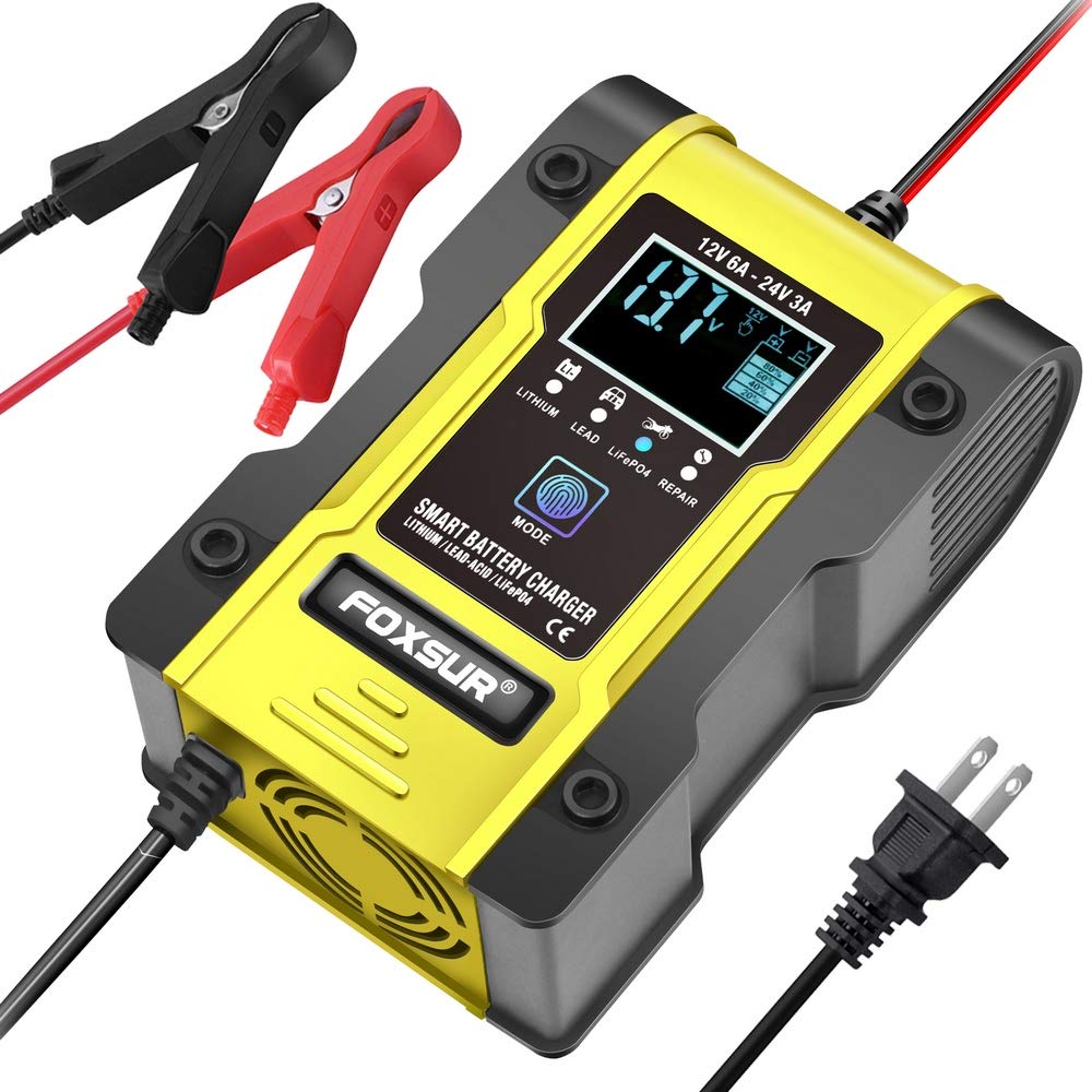 IEIK Cargador de batería de 12 V/6 A para coche, camión, motocicleta, cortacésped, barco, ATV, litio/LiFePO4/plomo/ácido/ciclo profundo