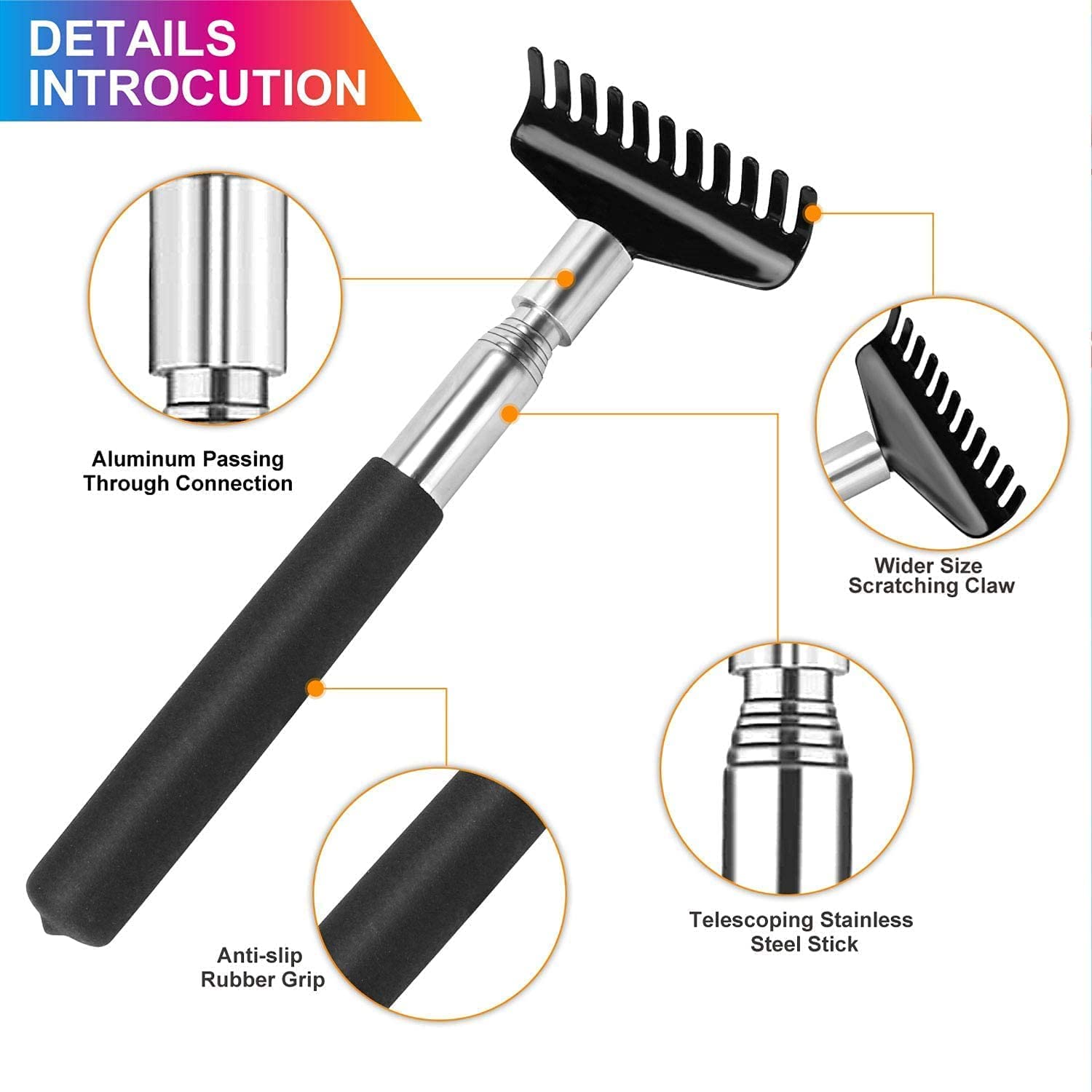 Rascador de espalda extensible portátil de gran tamaño, 2 unidades, de acero inoxidable, herramienta de rascador telescópico telescópico de acero inoxidable con bolsa de transporte de lona (negro)