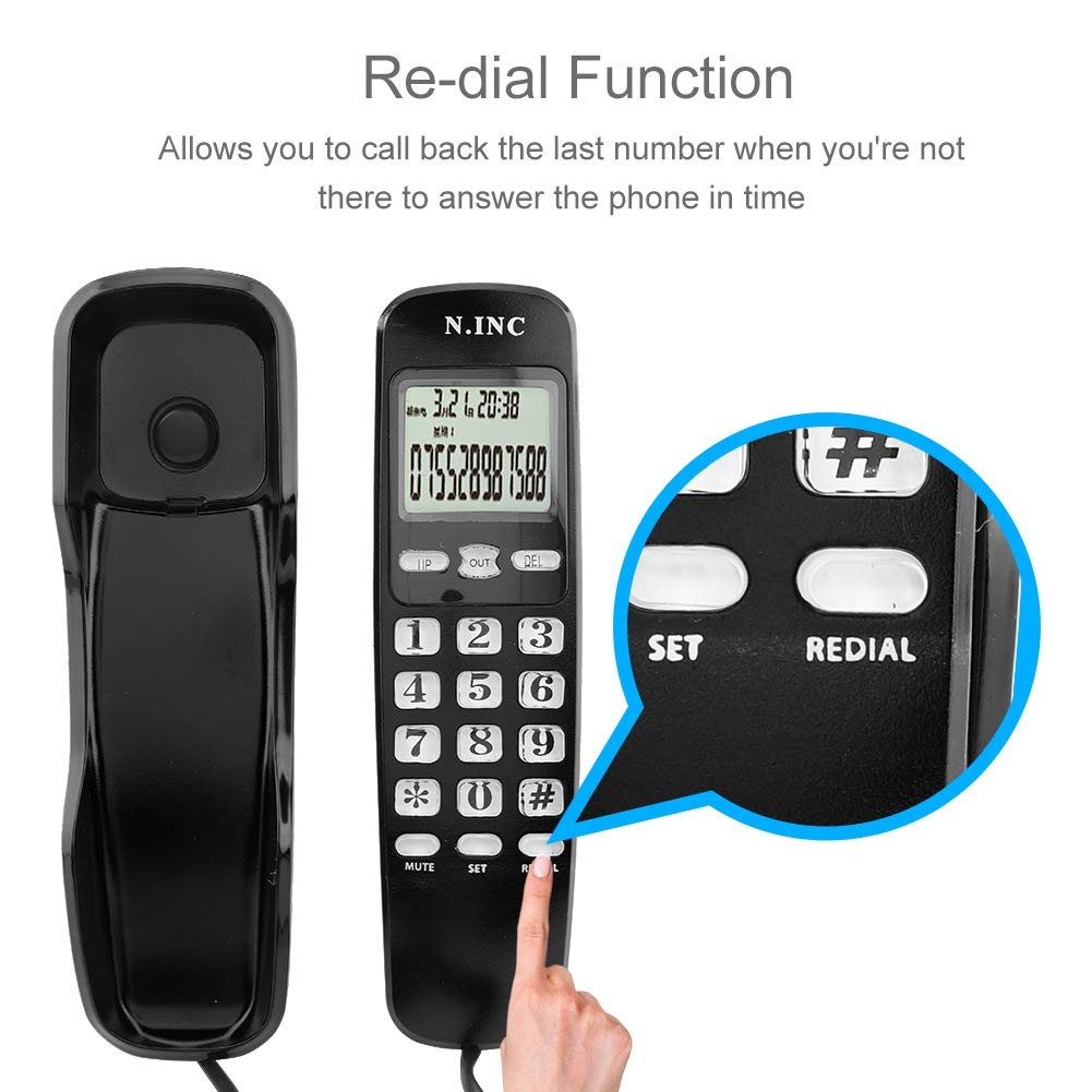 ASHATA Teléfono Fijo con Pantalla LCD, Teléfono con Cable Multifuncional Capacidad de 38 Contactos,Memoria Entrante,Comprobación de Recuerdos,Devolución de Llamada(DTMF/FSK)(Negro)