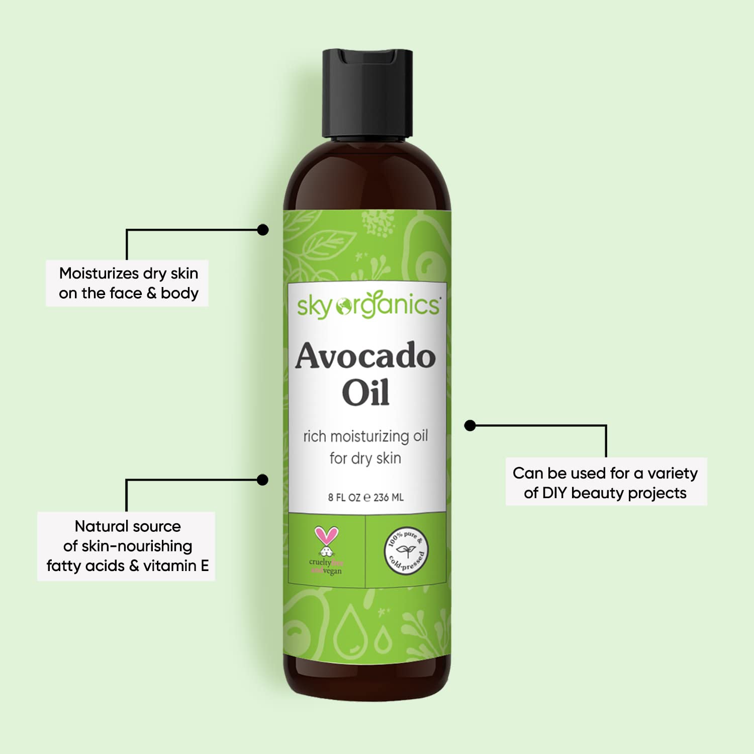 Avocado Oil by Sky Organics - 100% Pure, Natural & Cold-Pressed Avocado Oil - Ideal for Massage, Cooking and Aromatherapy- Rich in Vitamin E and Oleic Acid - 8oz
