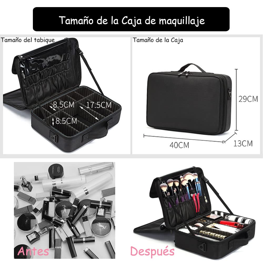 Bolsa de Maquillajede Viaje Estuche Organizador - Bolsa de Cosméticos Impermeable Portátil con Hombro Ajustable y Divisor Ajustable para Pinceles y Herramientas de Belleza (3 Layer, 40x29x13cm,Negro)