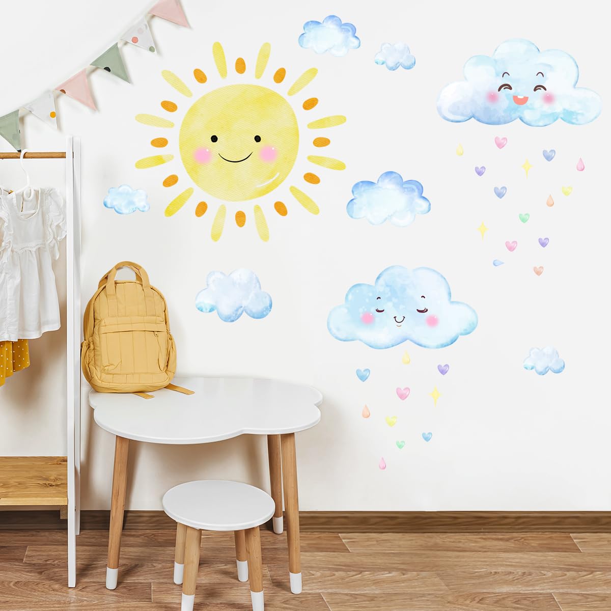 Grandes calcomanías de pared del sol, calcomanías de pared de nubes blancas de acuarela, decoración de habitación para niños y niñas, calcomanías de sol, calcomanías de pared removibles de sol y nubes