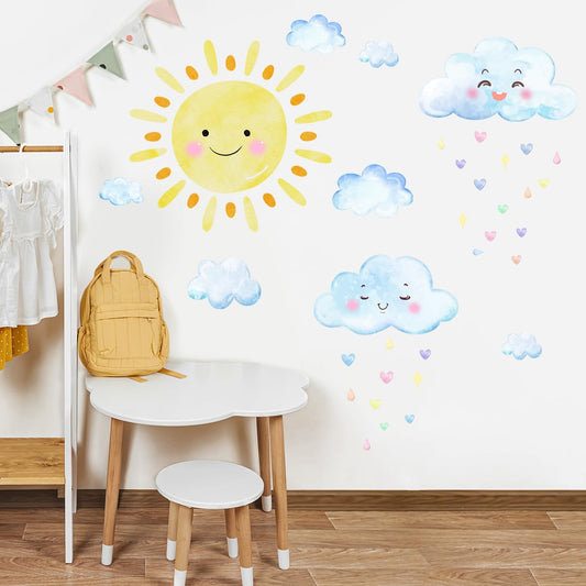 Calcomanías de Pared Sol y Nubes Blancas Acuarela Removibles para Niños y Niñas Decoración de Habitación