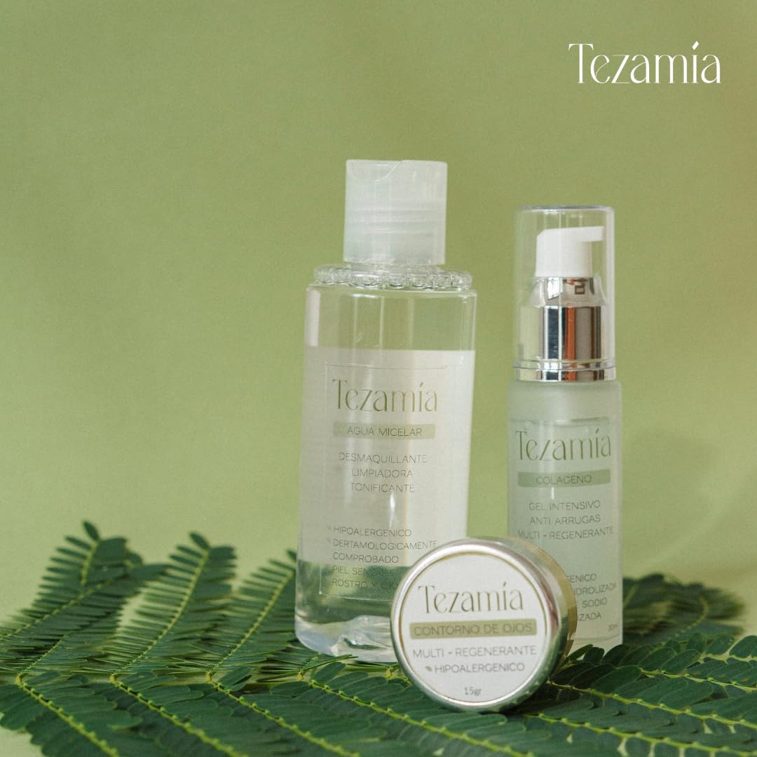 Tezamía | Kit de Belleza Completo - Rutina de Skincare con Contorno de Ojos, Agua Micelar y Sérum Antiarrugas con Colágeno - Hidratación, Limpieza y Reducción de Arrugas (3 Piezas)