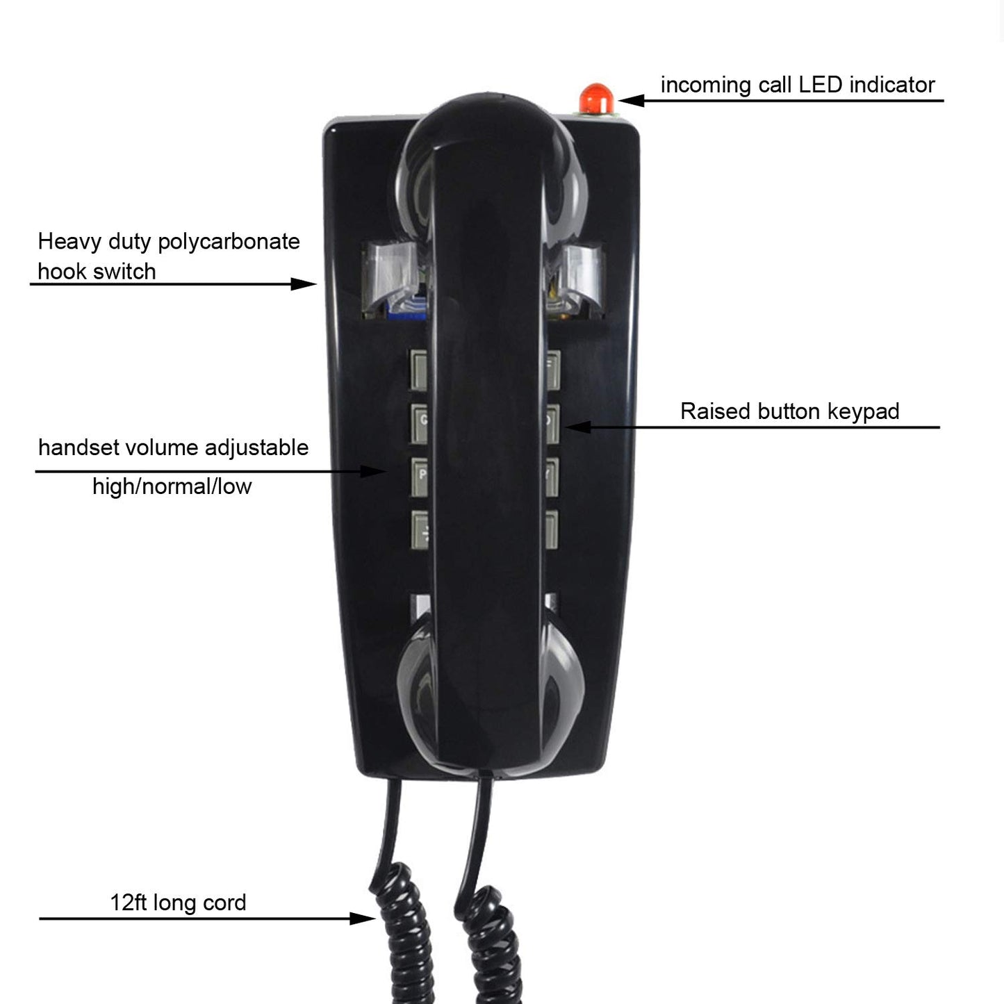 TelPal Teléfono analógico de pared con cable, teléfono fijo clásico con cable montado en la pared, teléfono fijo clásico extra fuerte con control de volumen del auricular, requiere conector de montaje en pared