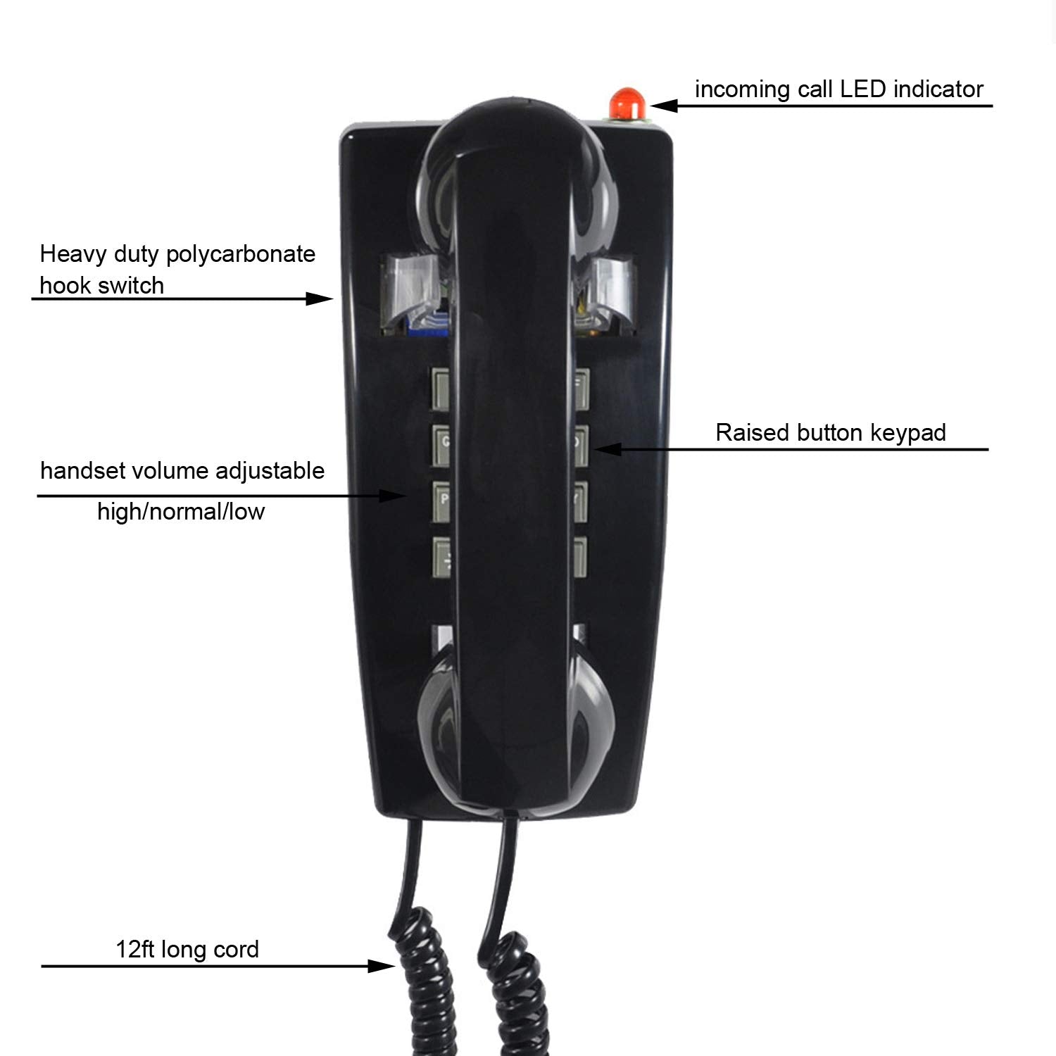 TelPal Teléfono analógico de pared con cable, teléfono fijo clásico con cable montado en la pared, teléfono fijo clásico extra fuerte con control de volumen del auricular, requiere conector de montaje en pared