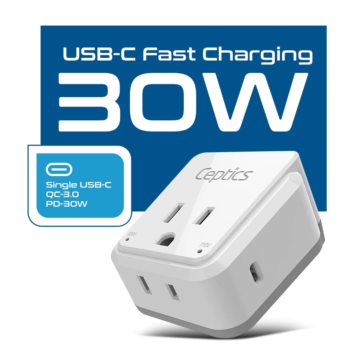 Adaptadores de Enchufe Europeo Ceptics Blanco Compacto y Potente 30W USB-C