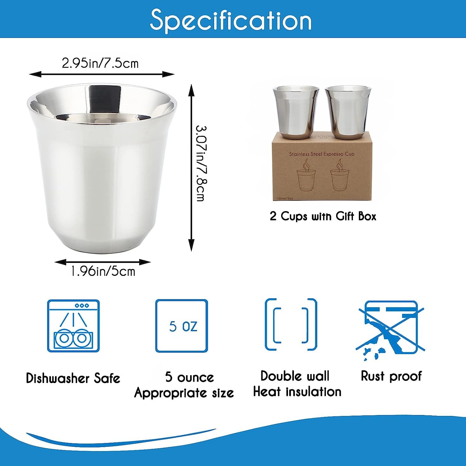 Easyworkz Juego de tazas de espresso de acero inoxidable con aislamiento de doble pared, 150 ml