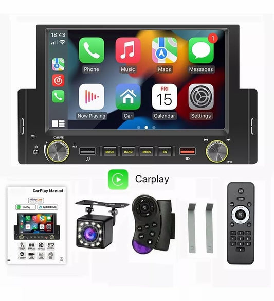 FINYQBET Estéreo para Auto con Pantalla ，Pantalla para Auto 6.2in 1din Carplay Carlife D-Play Mp5+Camara 12 LED Cámara Trasera Radio FM AUX admite MP3 externos, teléfonos móviles
