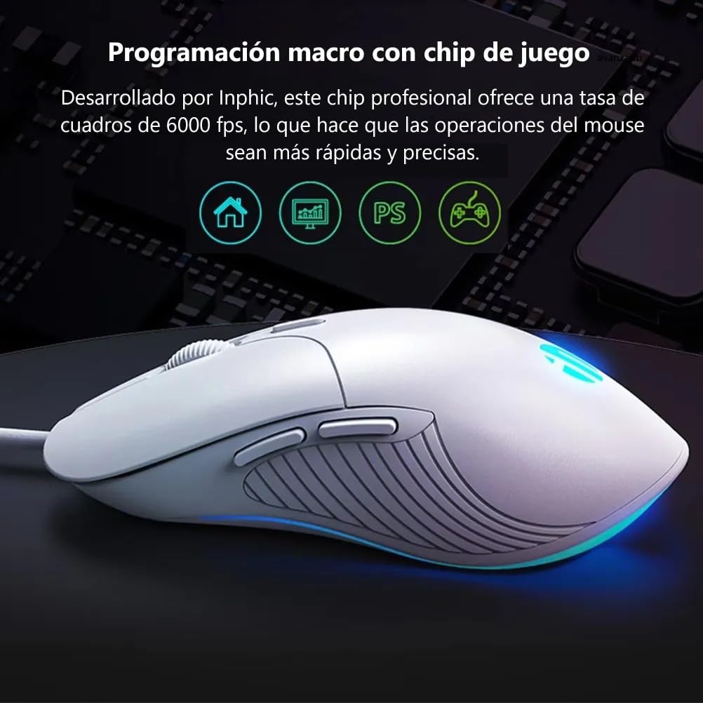Mouse Gamer TECHWOLF Blanco USB RGB 4 Colores 6 Botones dpi Ajustable 7200 Clic Silencioso Diseño Ergonómico para Juegos y Oficina