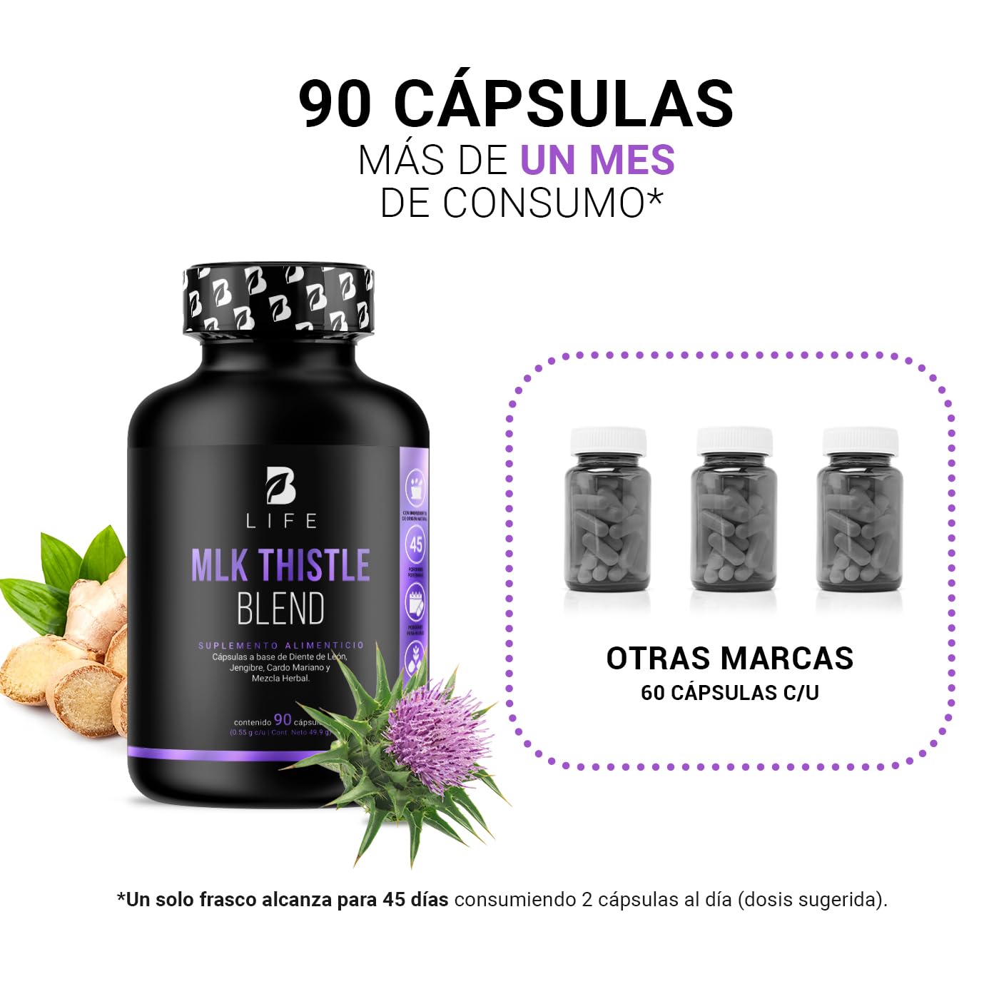 Cardo Mariano 90 cápsulas 1100 mg por porción. Hoja de Diente de León, Raíz de Jengibre y Mezcla Herbal. Ingredientes naturales. Mlk Thistle Blend B Life.