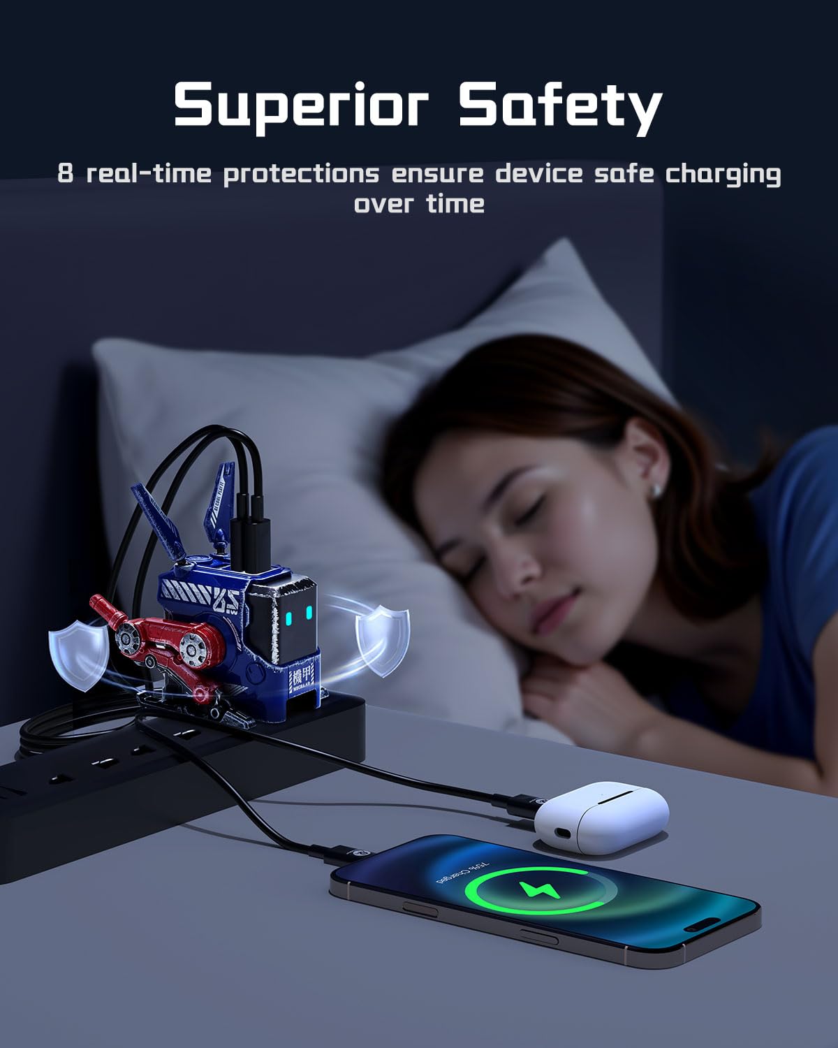 GravaStar Cargador USB C de 65 W, Bloque de Cargador rápido GAN Robot Alpha65, Adaptador de Corriente rápido de 3 Puertos, Cargador USB C de Pared Compacto Plegable (Azul)