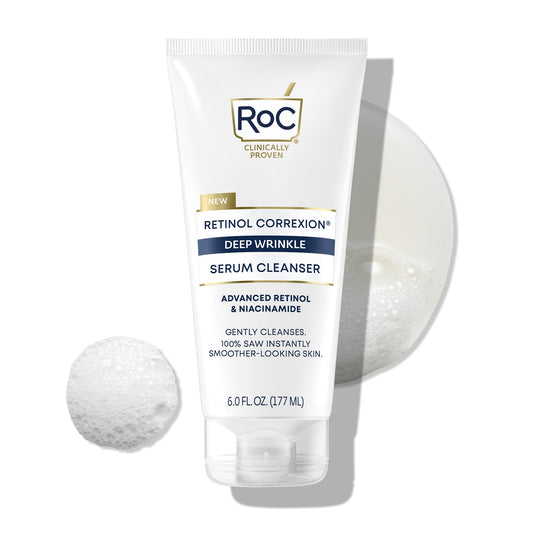 RoC Retinol Correxion Deep Wrinkle Serum Facial Cleanser with Niacinamide for Anti-Aging and Fine Lines, Long-Wear Makeup Remover, Fragrance Free Skin Care, 6.0 fl oz