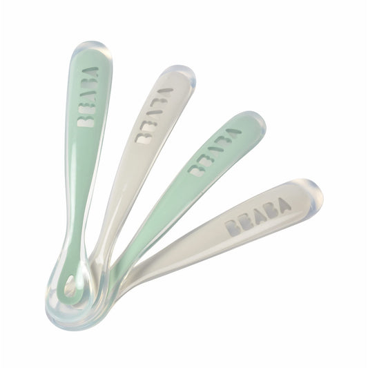 BEABA Juego de cucharas de alimentación para bebés de primera etapa, las cucharas de silicona de punta suave originales para bebés, sin ftalato de plomo BPA y sin plástico, gran juego de regalo (paquete de 4), salvia