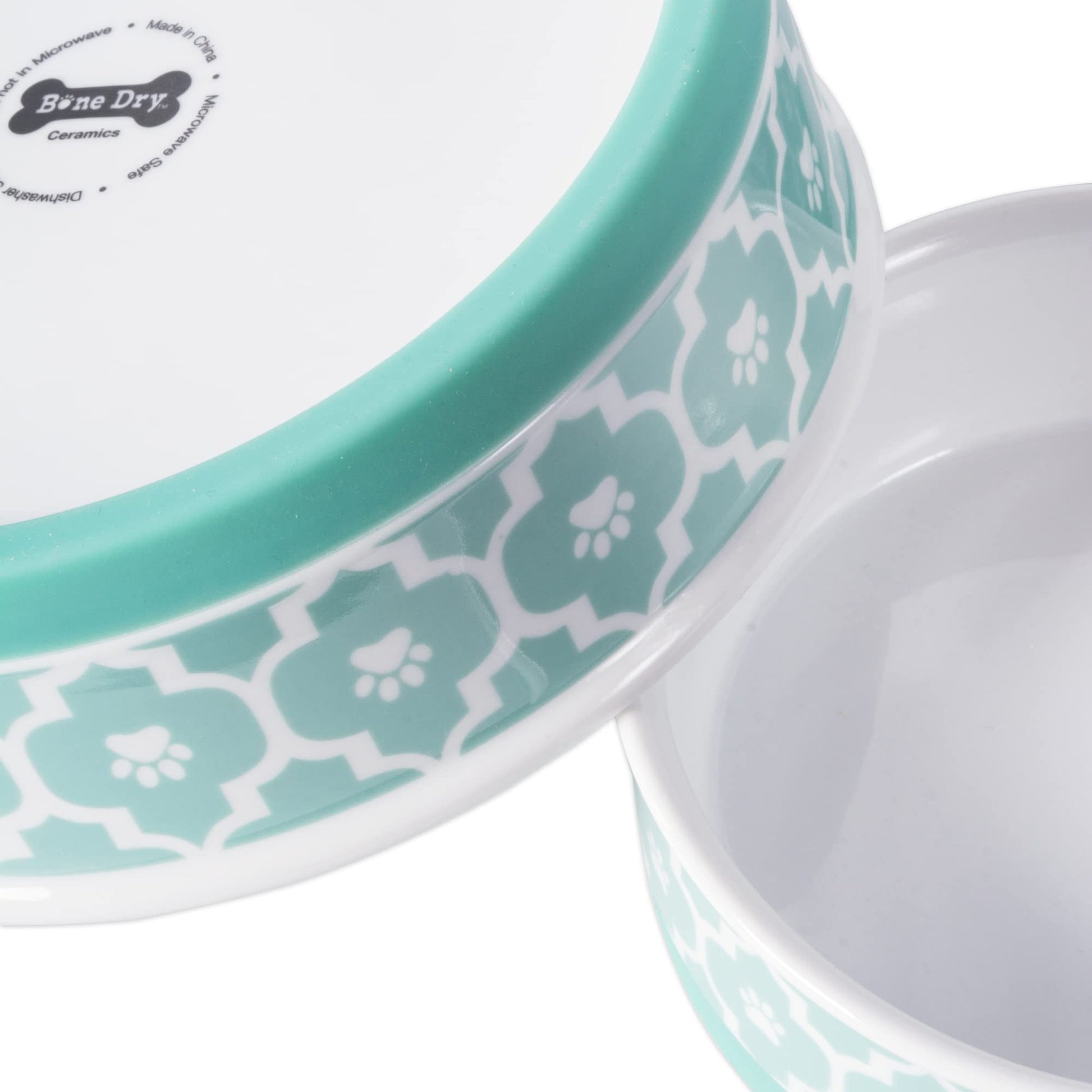 DII Bone Dry Lattice Ceramic Medium Pet Bowl For Food & Water, 6" Dia x 2"H, With Non-Skid Silicone Rim for Dogs and Cats-Aqua