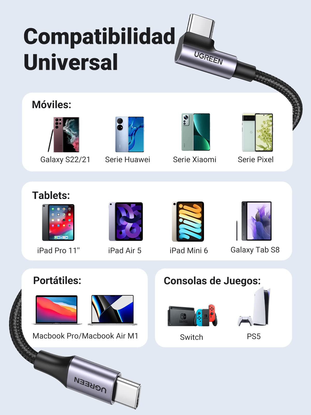 Cable USB C a C UGREEN Negro 90 Grados Carga Rápida 60W PD 1M Compatible con iPhone, Galaxy y Macbook Pro