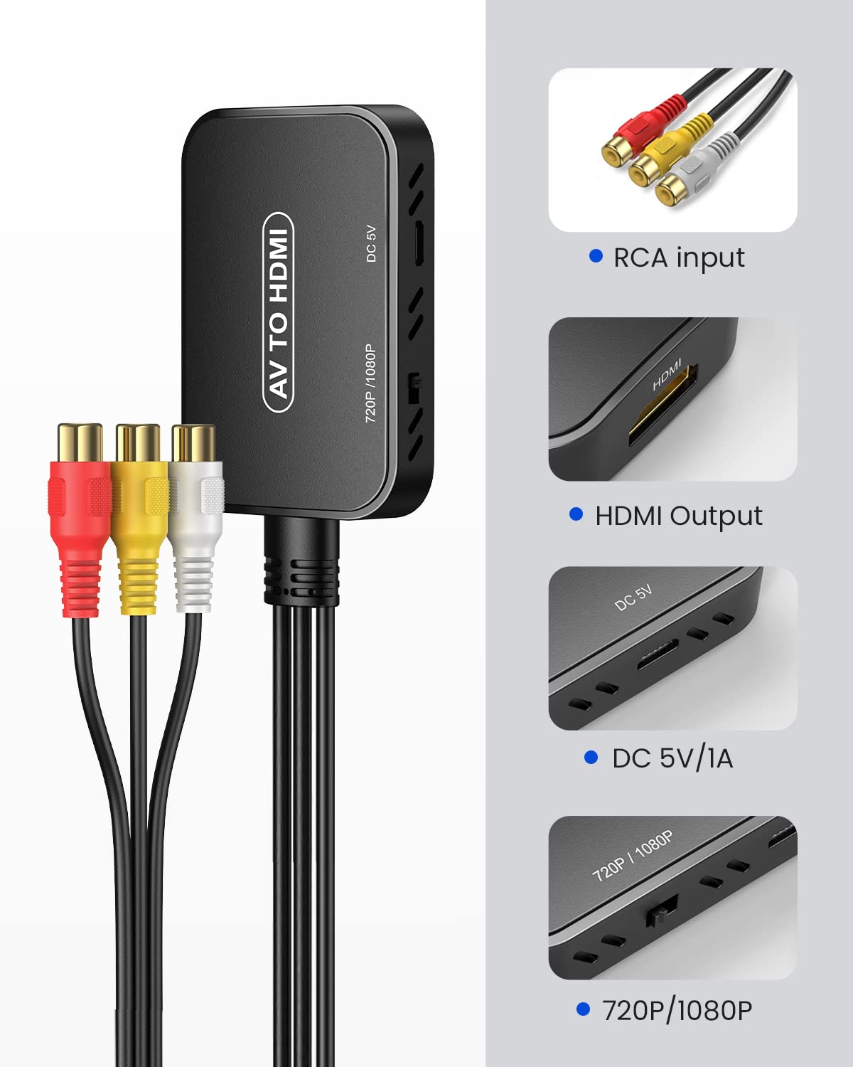 Convertidor RCA a HDMI, adaptador Viagkiki AV a HDMI, convertidor de audio compuesto RCA a HDMI para PS1, PS2, PS3, STB, Xbox, VHS, VCR, reproductores de DVD de rayos negros (cable HDMI incluido)