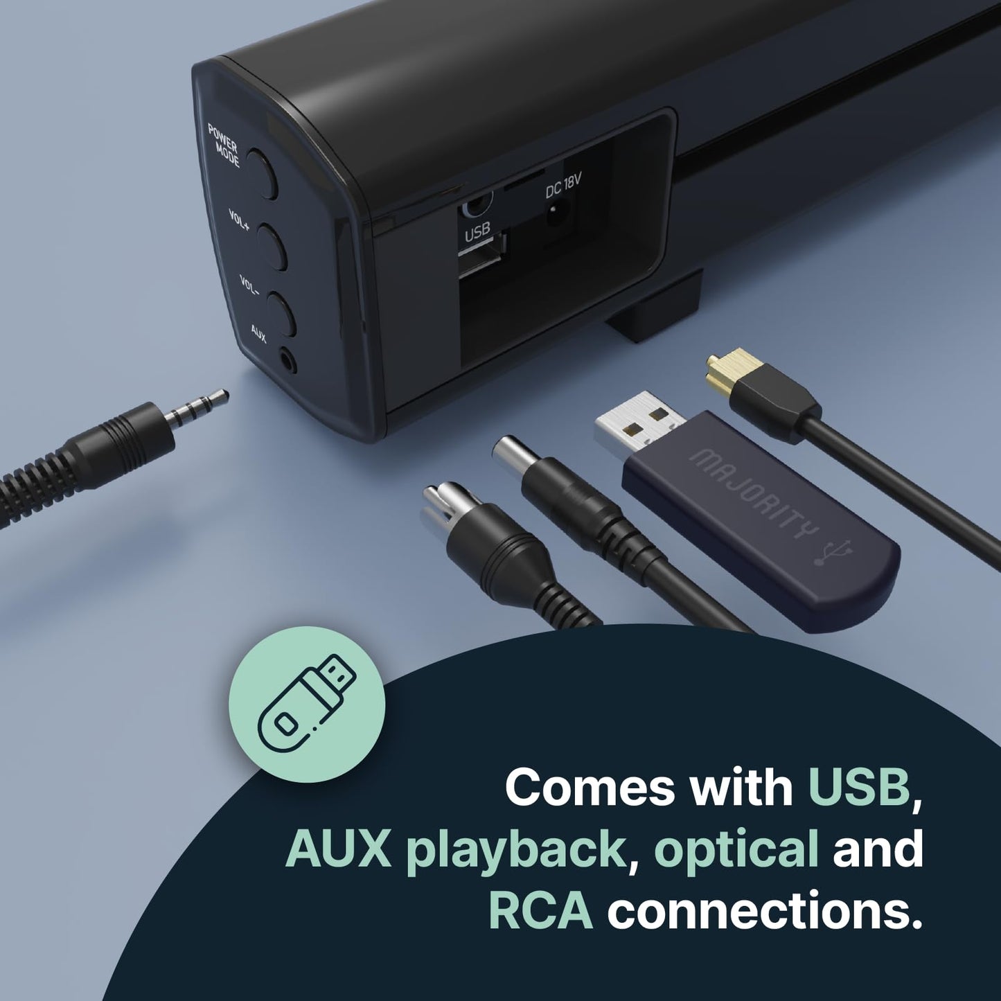 Barra de Sonido Bluetooth Mayoritaria Con Subwoofer | 100 Vatios Para TV | Estéreo 2.1 Con Reproducción Óptica, RCA, USB y AUX | Altavoz Bowfell Plus