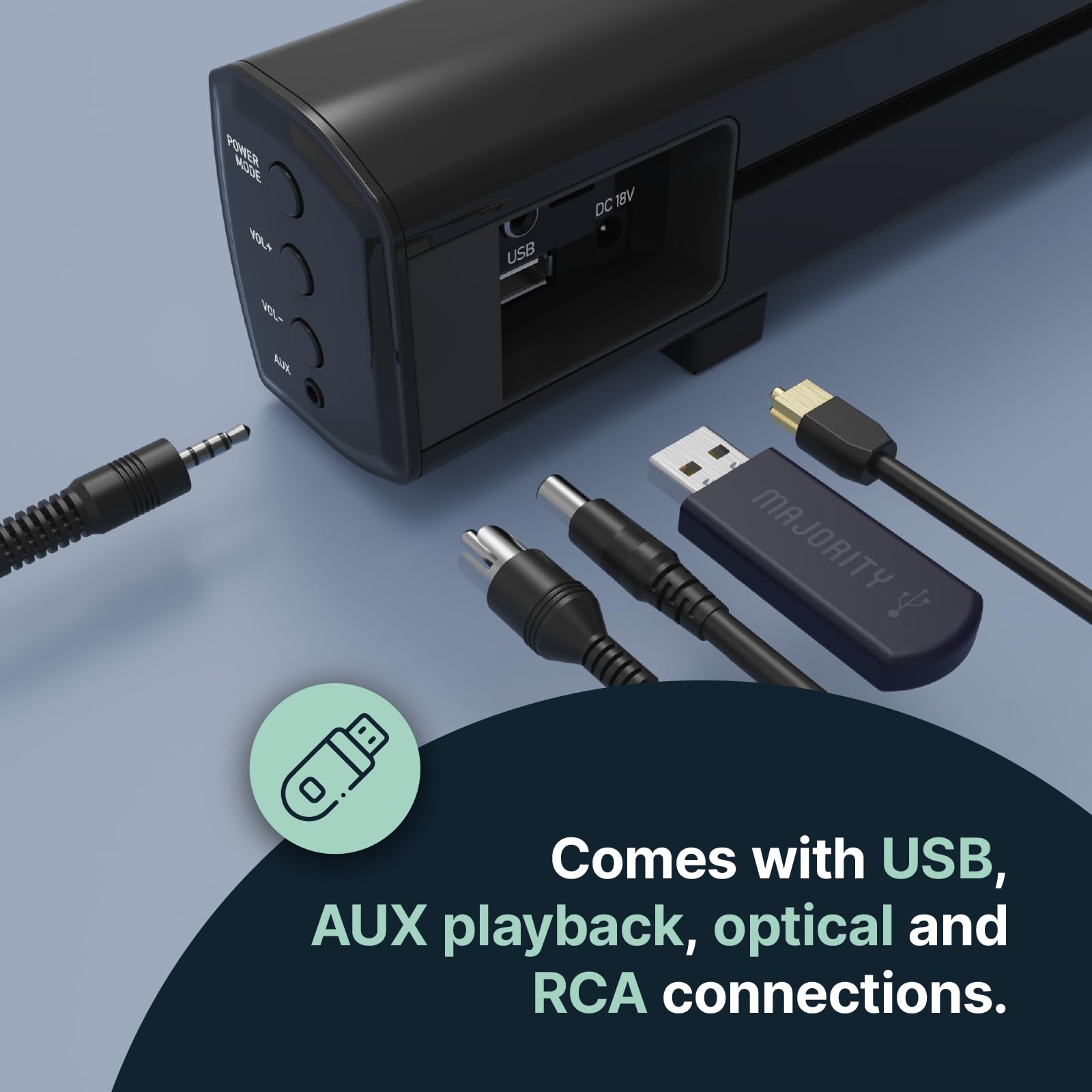 Barra de Sonido Bluetooth Mayoritaria Con Subwoofer | 100 Vatios Para TV | Estéreo 2.1 Con Reproducción Óptica, RCA, USB y AUX | Altavoz Bowfell Plus