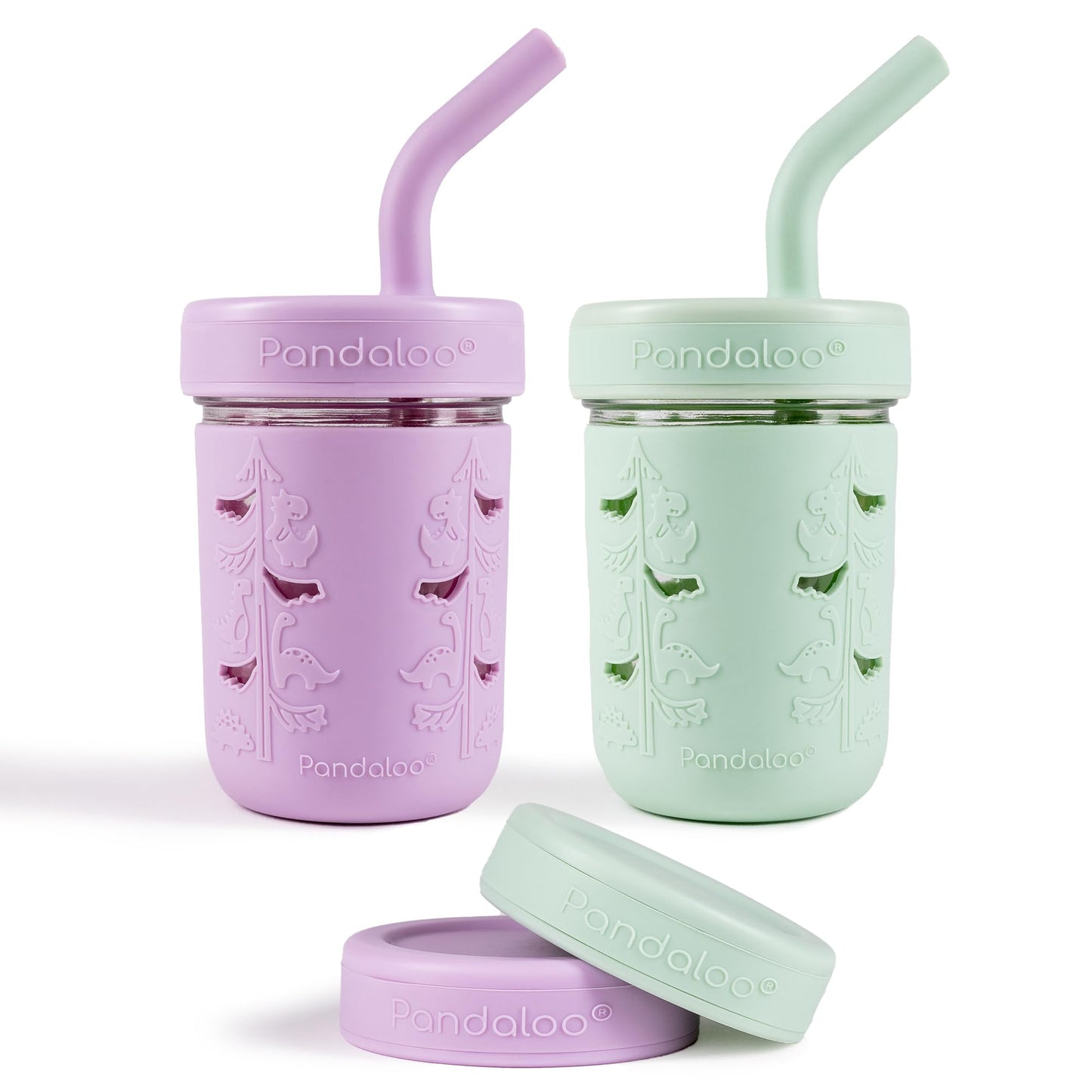Pandaloo Mason Jar Vaso para Niños Pequeños | Vasos de Vidrio de 8 oz con Funda y Tapas de Silicona | Vasos de Batidos y Aperitivos Resistentes a Derrames para Niños | Sin BPA | Pajita Interior de