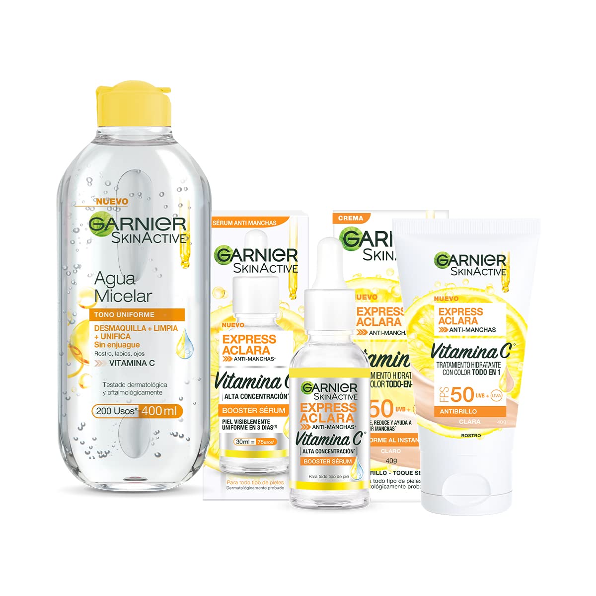 Garnier Skin Active Kit Express Aclara: Sérum, Todo en 1 Tono Claro y Micelar