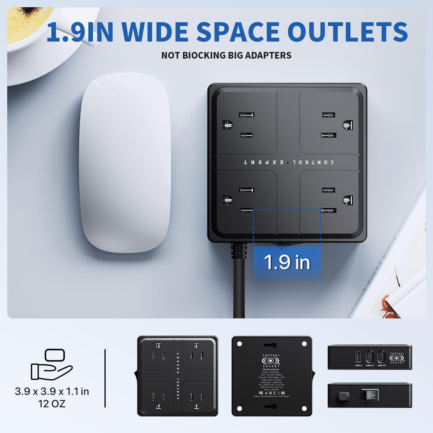 CONTROL EXPERT Multicontacto extensión USB, Conector Multiple con 4 Salidas, 1 Puerto USB, 2 Tipo C, Conector Multiple Adaptador, Extension Electrica con Protector de Sobretensión (Negro)