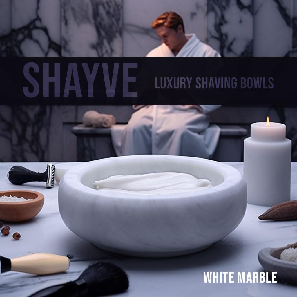 ShayVe - Cuenco de afeitar para jabón y crema de afeitar, cuenco de afeitar de mármol para jabón y crema, exquisito kit de afeitado húmedo con aislamiento térmico (White)