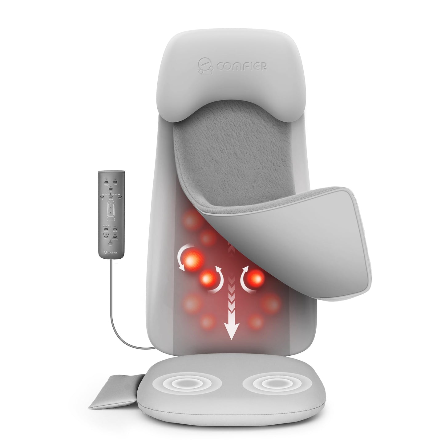 COMFIER - Masajeador de espalda con calor, cojín de asiento de masaje Shiatu 2D/3D, 2 modos de masaje automático, masajeador de espalda completa con vibración, almohadilla de silla de amasamiento de