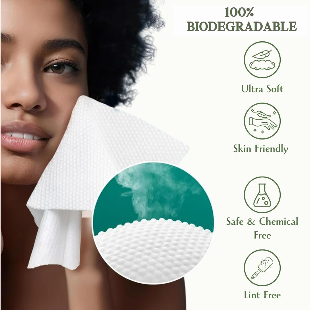 VoilaVe Toallitas Faciales Desechables - 100% Algodón, Biodegradables, Desmaquillantes, Paños Faciales Ultrasuaves Que No Sueltan Pelusa | Toallitas Ecológicas Clínicamente Probadas para Pieles Sensib
