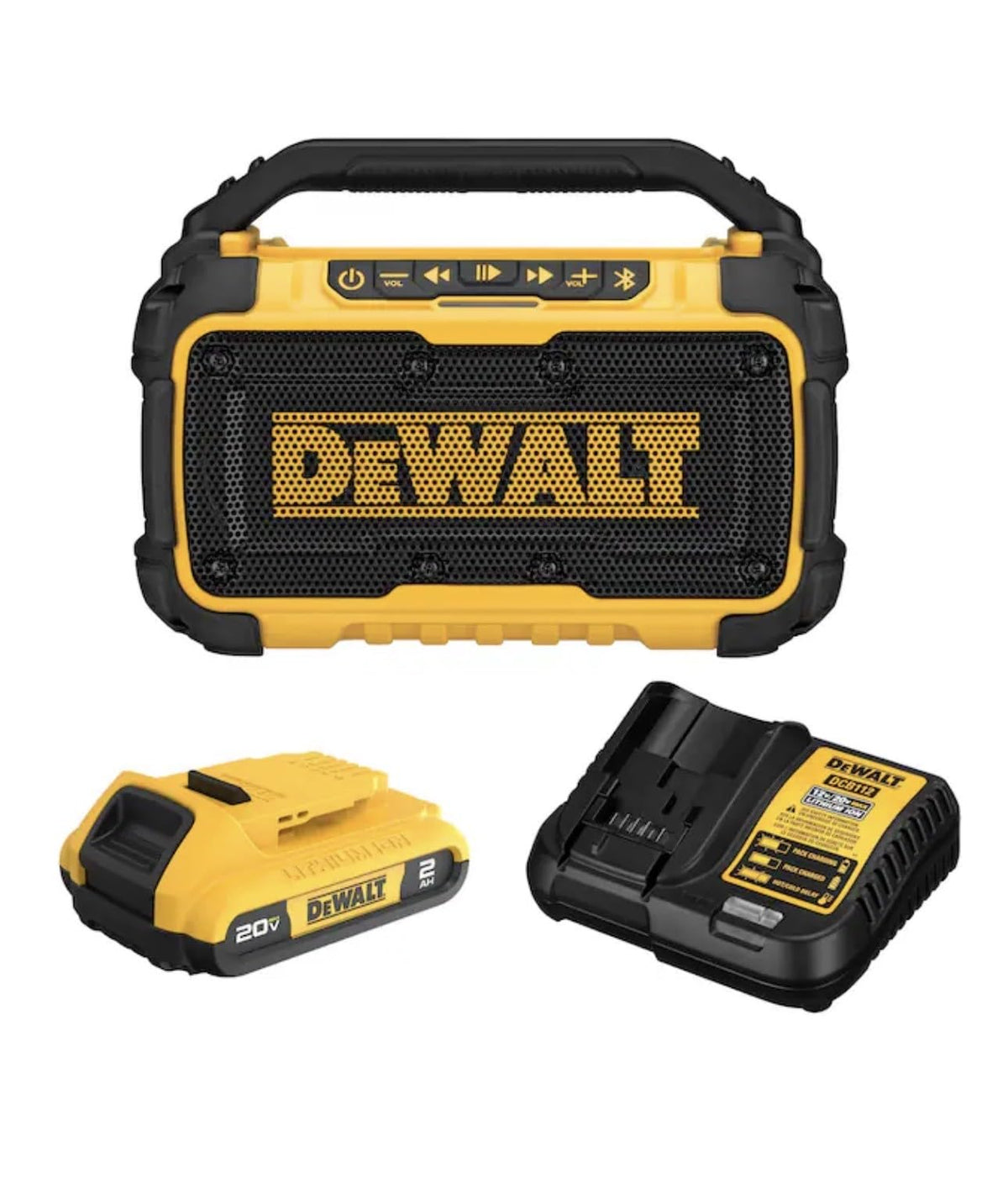 Altavoz Bluetooth DEWALT Amarillo Resistente a Impactos con Cargador y Batería Incluida