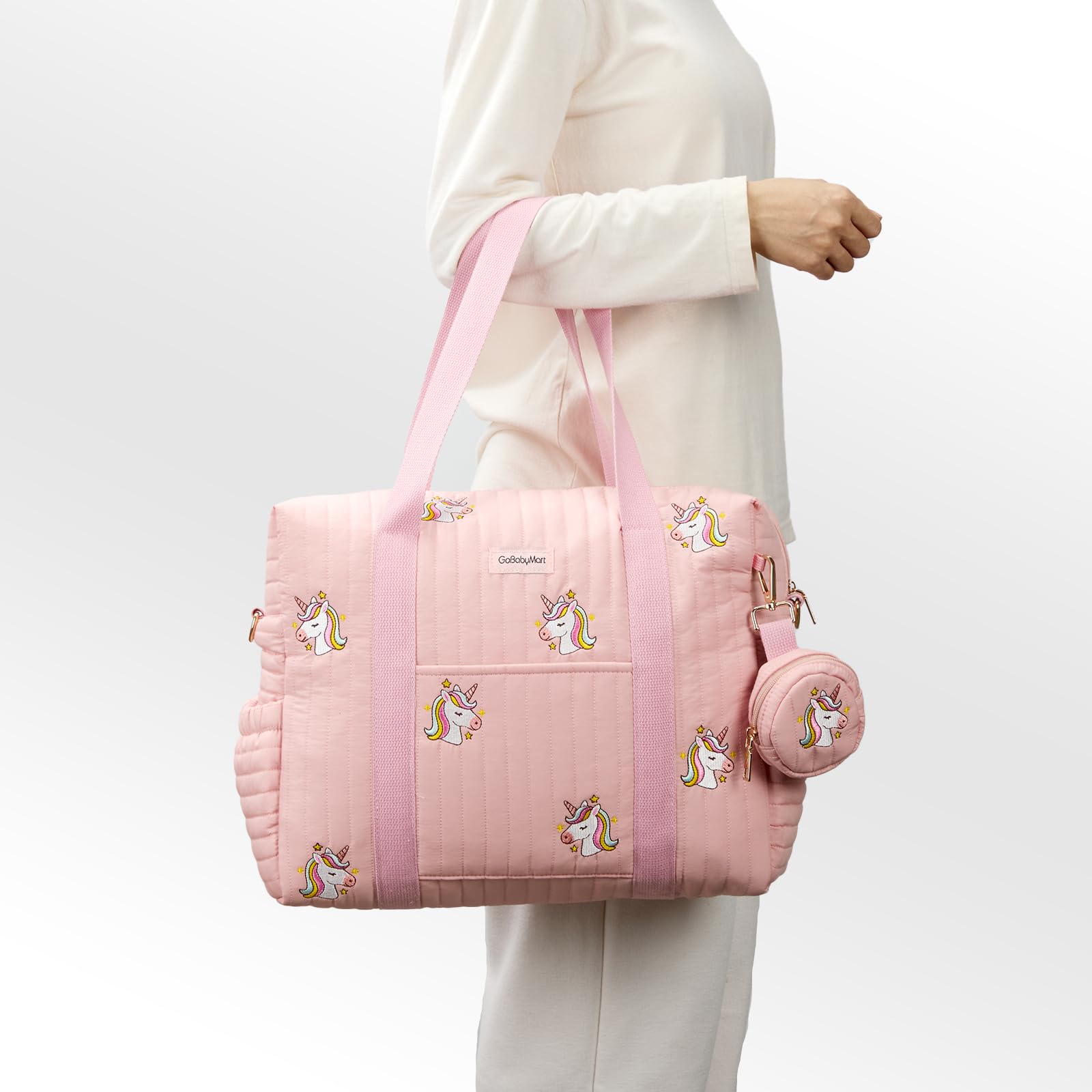 GOBABYMART - Juego de 3 bolsas de pañales con cambiador y estuche para chupete, bolsa de viaje de maternidad de algodón (mediano - unicornios rosa)