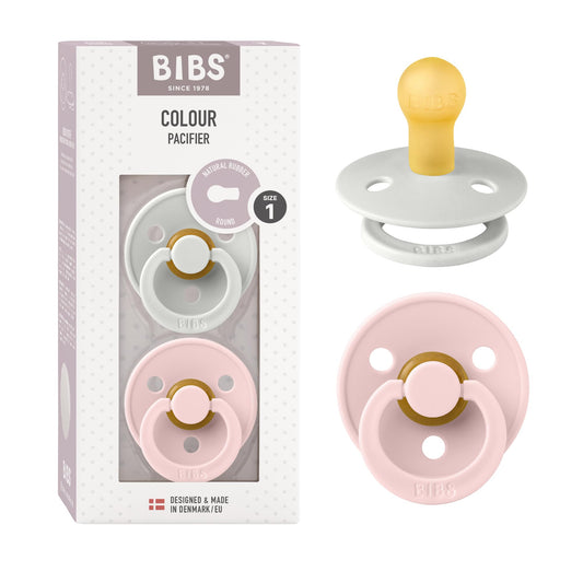 BIBS Chupones Colour Pack de 2, Tetina redonda de látex natural, Talle 1, Color Haze/Blossom, 0 a 6 meses, Hecho en Dinamarca